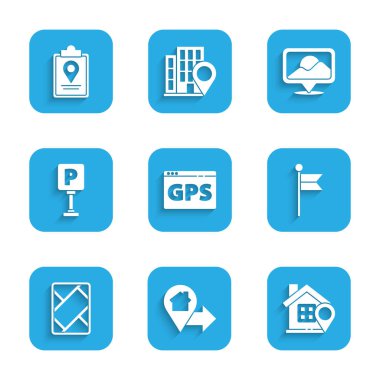 GPS cihazını harita, konum evi, işaret, park yeri ve katlanmış konum simgesi ile ayarla. Vektör