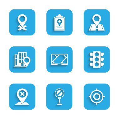 GPS cihazını harita, dur işareti, hedef sporu, trafik ışığı, konum, ev ve simge ile ayarla. Vektör