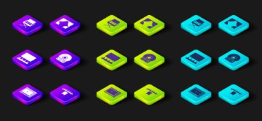 Çevrimiçi oyun videosu, Limuzin araba ve halı, Ekranlı Sinema salonu, CD disk, Curtain ve Yönetmen sandalye ikonu. Vektör