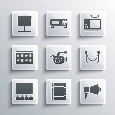 Play Video, Megaphone, Halat Bariyeri, Sinema Kamerası, Ekranlı Oditoryum, Çevrimiçi Oyun Videosu, Projeksiyon ve Retro TV simgesi. Vektör