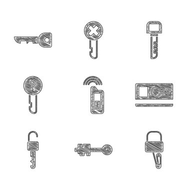 Anahtarı uzaktan kumandalı, eski, kilit açma anahtarı, anahtar kartı, kilitsiz, tanımsız ve simge olarak ayarla. Vektör