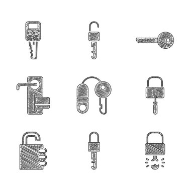 House 'u anahtarla ayarla, kilitle kilidi kır, kilidi kır, maymuncuk kullan, kasa şifresi, dijital kapı ve araba uzaktan kumandası. Vektör