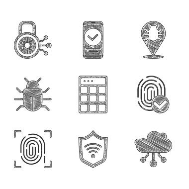 Şifre koruması, kablosuz kablosuz kalkan, internet, parmak izi, sistem hatası ve siber güvenlik simgesi ayarla. Vektör