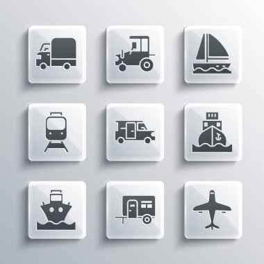 Karavan, uçak, kargo gemisi, Minibus, tren ve demiryolu teslimat kamyonu ve yat teknesi ikonu ayarlayın. Vektör