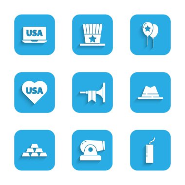 Trumpet, Cannon, Dynamite bombası kurdeleli Man şapkası, altın külçeler, ABD Bağımsızlık Günü, Balonlar ve dizüstü bilgisayar ikonu. Vektör