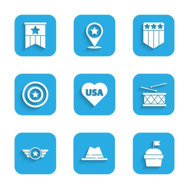 ABD Bağımsızlık Günü 'nü ayarlayın. Kurdeleli, pastalı, davullu ve bagetli Man şapkası, Amerikan ordusu, yıldız kalkanı, Kalkan yıldızları ve bayrak ikonu. Vektör