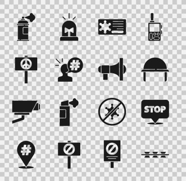 Dikenli telleri, protestoyu, askeri kaskı, polis rozetini, barışı, boya spreyini ve Megafon ikonunu hazırlayın. Vektör