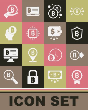 Bitcoin, Shield with bitcoin, CPU Maden Çiftliği, Düşün, El ele tutuşmak ve Kripto para cüzdanı ikonu. Vektör
