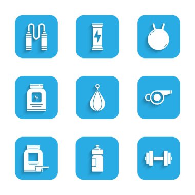 Kum torbası, fitness karıştırıcı, Dumbbell, Whistle, spor beslenmesi, Kettlebell ve ip atlama ikonu. Vektör