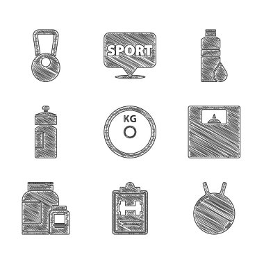 Ağırlık tabağı, spor eğitim programı, Kettlebell, banyo terazisi, spor beslenmesi, fitness karıştırıcı ve ikon. Vektör