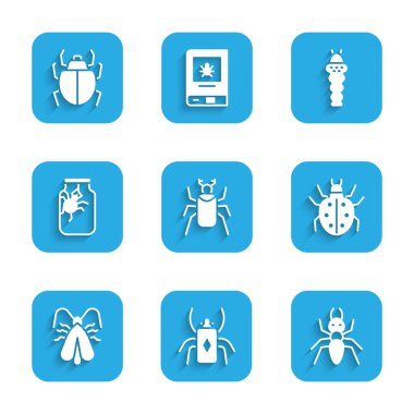 Böcek, Karınca, Mite, Giysi Güvesi, Kavanozdaki Örümcek, Larva Böceği ve ikonu ayarla. Vektör
