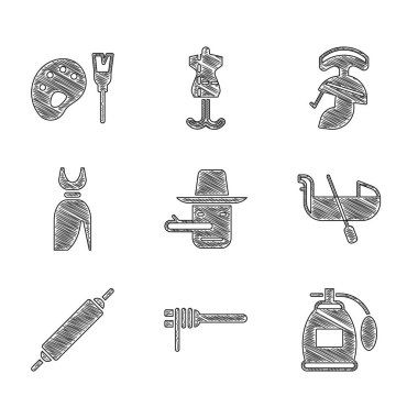 Pinokyo, makarna spagetti, parfüm, gondola, kadın elbisesi, Roma askeri kaskı ve palet ikonlu boya fırçası. Vektör