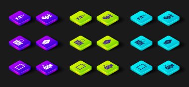 Set Resim, Pinokyo, Çanta, Papa şapkası, Roma ordu kaskı ve bir şişe şarap ikonu. Vektör