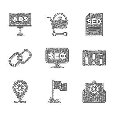 SEO optimizasyonu, konum işaretleyicisi, e- posta ve e-posta, Tarayıcı ayarı, Hedef spor, zincir linki ve reklam simgesini ayarlayın. Vektör