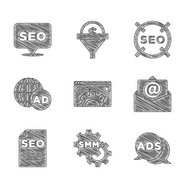 Tarayıcı ayarı, Sosyal medya pazarlaması, Reklamcılık, Posta ve e-posta, SEO optimizasyonu ve simgesini ayarlayın. Vektör