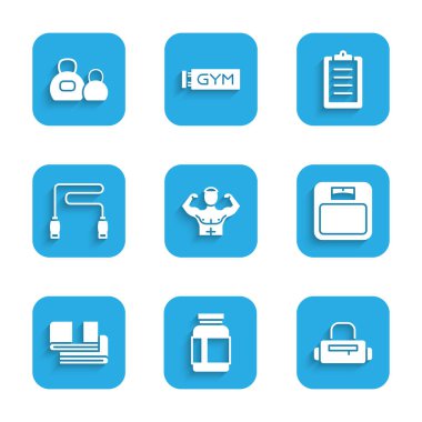 Vücut geliştirici kas, spor beslenme, çanta, banyo terazisi, havlu yığını, atlama ipi, eğitim programı ve Kettlebell ikonu. Vektör