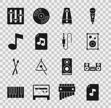 Müzik kitabını nota ile ayarla, ev teybi, ses hoparlörü, Metronom sarkacı, ton, ses karıştırıcı denetleyici ve ses kipi simgesi. Vektör