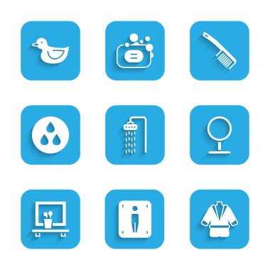 Duş, erkek tuvaleti, bornoz, yuvarlak makyaj aynası, lavabo, su damlası, saç fırçası ve plastik ördek ikonu. Vektör