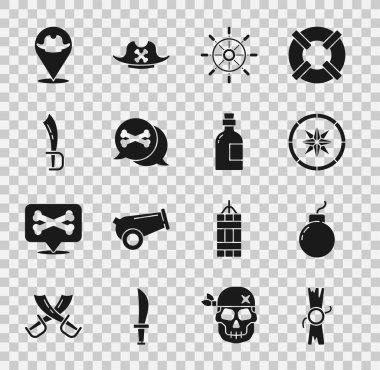 Kararname, parşömen, parşömen, bomba, pusula, direksiyon, korsan, korsan, korsan ve alkollü içki ikonu. Vektör