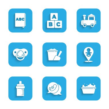 Kumu kürekle kovaya koy, bebeğim, küvet, sahte emzik, şişe, oyuncak tren ve ABC kitap ikonu. Vektör