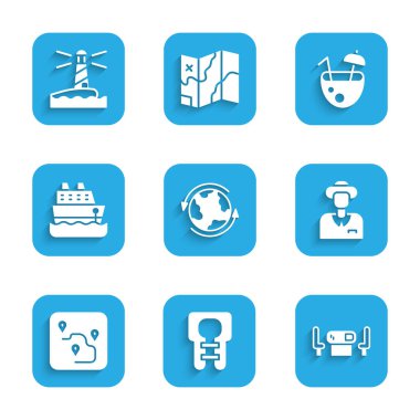 Set Worldwide, Life ceketi, poker masası, turist, rota konumu, yolcu gemisi, hindistan cevizi kokteyli ve deniz feneri ikonu. Vektör