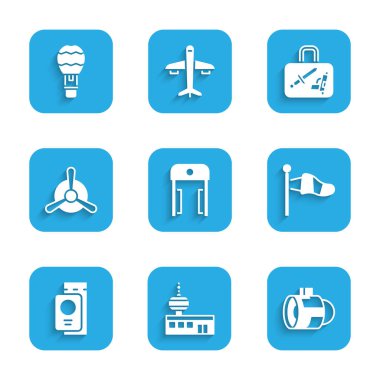 Havaalanında metal dedektörü, havaalanı kontrol kulesi, jet motoru türbini, koni meteoroloji rüzgâr önlüğü, biletli pasaport, uçak pervanesi, bavul ve sıcak balon ikonu ayarlayın. Vektör