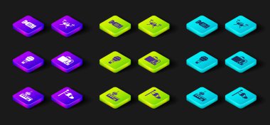 Havalimanı kontrol kulesi, koni meteoroloji rüzgar yastığı, sıcak hava balonu, valiz, İHA uçuş ve uçak bileti ikonu. Vektör