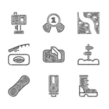 Buz hokeyi hedefi, Meteoroloji termometresi, su geçirmez lastik bot, trafik levhası, Snowboard, kış balıkçılığı, güzergah yeri ve kamera ikonu. Vektör