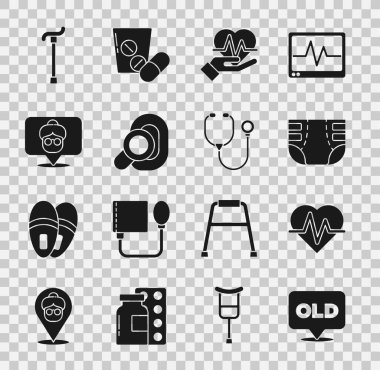 Bakımevi, kalp atış hızı, yetişkin bezi, işitme cihazı baston baston ve stetoskop ikonu. Vektör