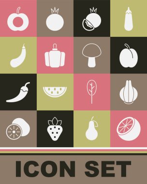 Portakal, soğan, erik, domates, dolmalık biber, patlıcan, şeftali ve mantar ikonu. Vektör