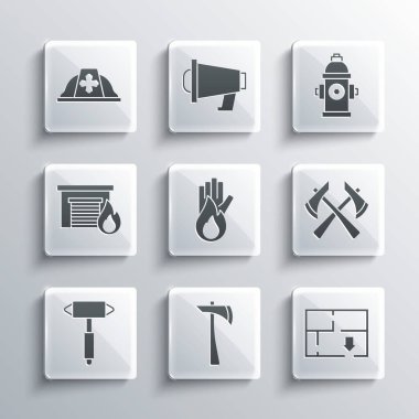 İtfaiyeci baltası, tahliye planı, yangın yok, yanan garaj, miğfer ve yangın musluğu ikonu. Vektör