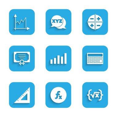 Grafik, çizelge, grafik, diyagram, fonksiyon matematiksel sembolü, x kabartmasının kare kökü, hesap makinesi, üçgen cetvel, sertifika şablonu, XYZ koordinat sistemi ve simgesini ayarla. Vektör