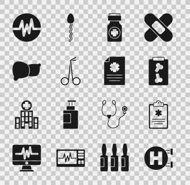 Hastane tabelaları, klinik kayıtları, röntgen fotoğrafları, ilaç şişesi ve haplar, tıbbi makas, insan organı karaciğeri, kalp atış hızı ve ikon. Vektör