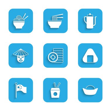 Çin Yuan para birimi, erişte kutusu, yemek çubuğu, suşi, bayrak direğine Çin bayrağı, çay töreni ve Asya erişte kasesi ikonu koyun. Vektör