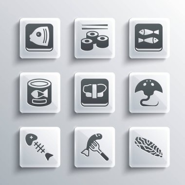 Tabağa balık konservesi, balık bifteği, Stingray, suşi kesme tahtası, iskelet, konserve, kafa ve ikon. Vektör