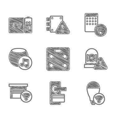 Akıllı banyo terazileri, dijital kapı kilidi, ampul, zil, garaj, ses asistanı, hava nemlendirici ve Multimedya ve televizyon kutusu ikonu ayarla. Vektör