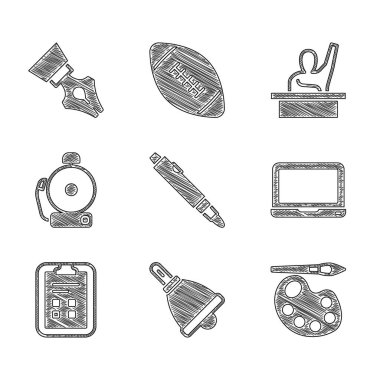 İşaretleyici kalem, zil, paletli boya fırçası, dizüstü bilgisayar, sınav kağıdı kontrol işareti, alarm, erkek çocuk elini kaldırıyor ve Çeşme ucu simgesi. Vektör