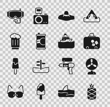 Pineapple, Electric fan, Suitcase, şık kadın şapkası, Soda kutusu, tahta bira bardağı, dalış maskesi ve gemi ikonu. Vektör