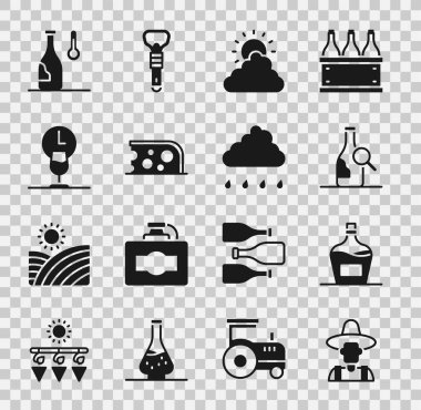 Şapkadaki çiftçi, eski şarap, şişe, güneş ve bulut havası, peynir, şarap zamanı, sıcaklık ve yağmur ikonlu bulut. Vektör