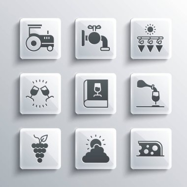 Güneş ve bulut havası, peynir, şarap tatma, degukasyon, şarap hakkında kitap, bir demet üzüm, traktör ve kurutma ikonu. Vektör