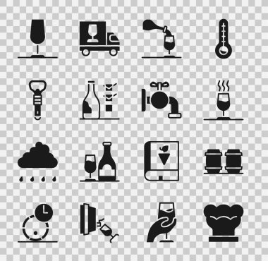 Şef şapkası, şarap için ahşap fıçı, şarap tatma, degukasyon, şişe açacağı, cam ve musluk ikonu. Vektör