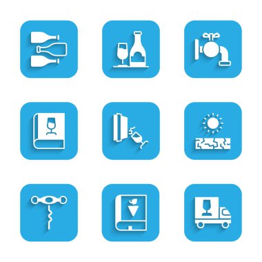 Şarap tatma, ayıklama, üzüm, kamyon, kuraklık, tirbuşon, şarap fıçı ve şişe ikon hakkında kitap. Vektör