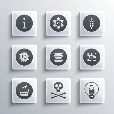 Kemik ve kafatası uyarısı, laktoz, QR kodu, bowling, el yıkama, bomba patlaması, bilgi ve buğday ikonu. Vektör