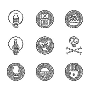 Bitki tabanlı, şemsiyeli teslimat paketi, elektrik prizi, kemik ve kafatası uyarısı, kırılgan cam, test tüpü şişesi, el yıkama çamaşırları ve laktozsuz ikon. Vektör