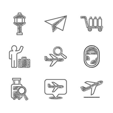 Uçak araması, uçak, kalkış, pencere, kayıp bagaj, bavullu turist, Trolley ve havalimanı kontrol kulesi ikonu. Vektör