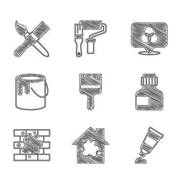 Boya fırçasını, evi boyamayı, boya paleti, guaj, kavanoz, boya, kova, boya, RGB ve CMYK renk karışımı ve simgesiyle tüp boyamayı ayarla. Vektör