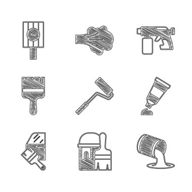 Boya fırçası, kova, metro boya paleti, araba boyası, sprey tabanca ve sprey sprey kapak ikonunu hazırla. Vektör