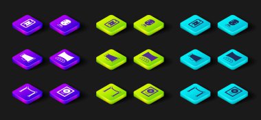 Halat engeli, CD disk ödülü çerçevede, Megaphone, ekranlı sinema salonu, mikrofon ve çevrimiçi sinema bileti ikonu satın al. Vektör