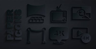 4k Ultra HD, Eski film gerisayımı çerçevesi, ip engeli, Screen TV ile Retro ve Cinema oditoryum ekran ikonunu ayarlayın. Vektör