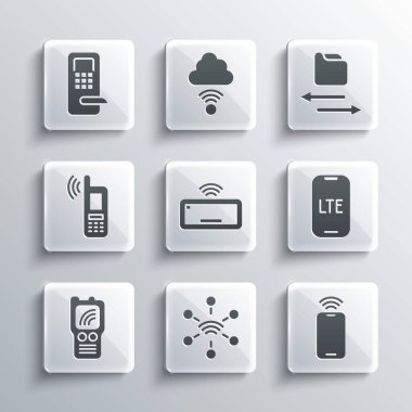 Ağ, Mobil kablosuz ağ, LTE ağı, Bilgisayar klavyesi, Walkie talkie, Dijital kapı kilidi ve Aktarım dosya simgesi ile ayarla. Vektör